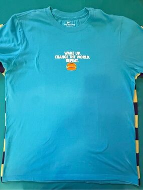 Nike Teal Graphic Tee with White Slogan and Orange Burger